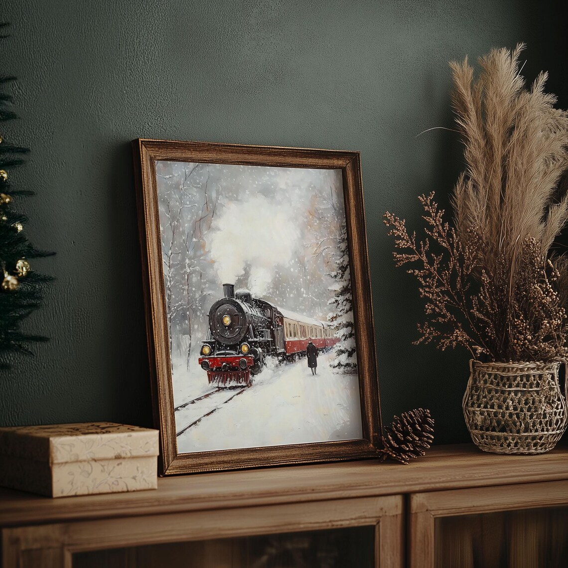Vintage Steam Locomotive in Snowy Forest Winter Train Painting Poster - Image 6