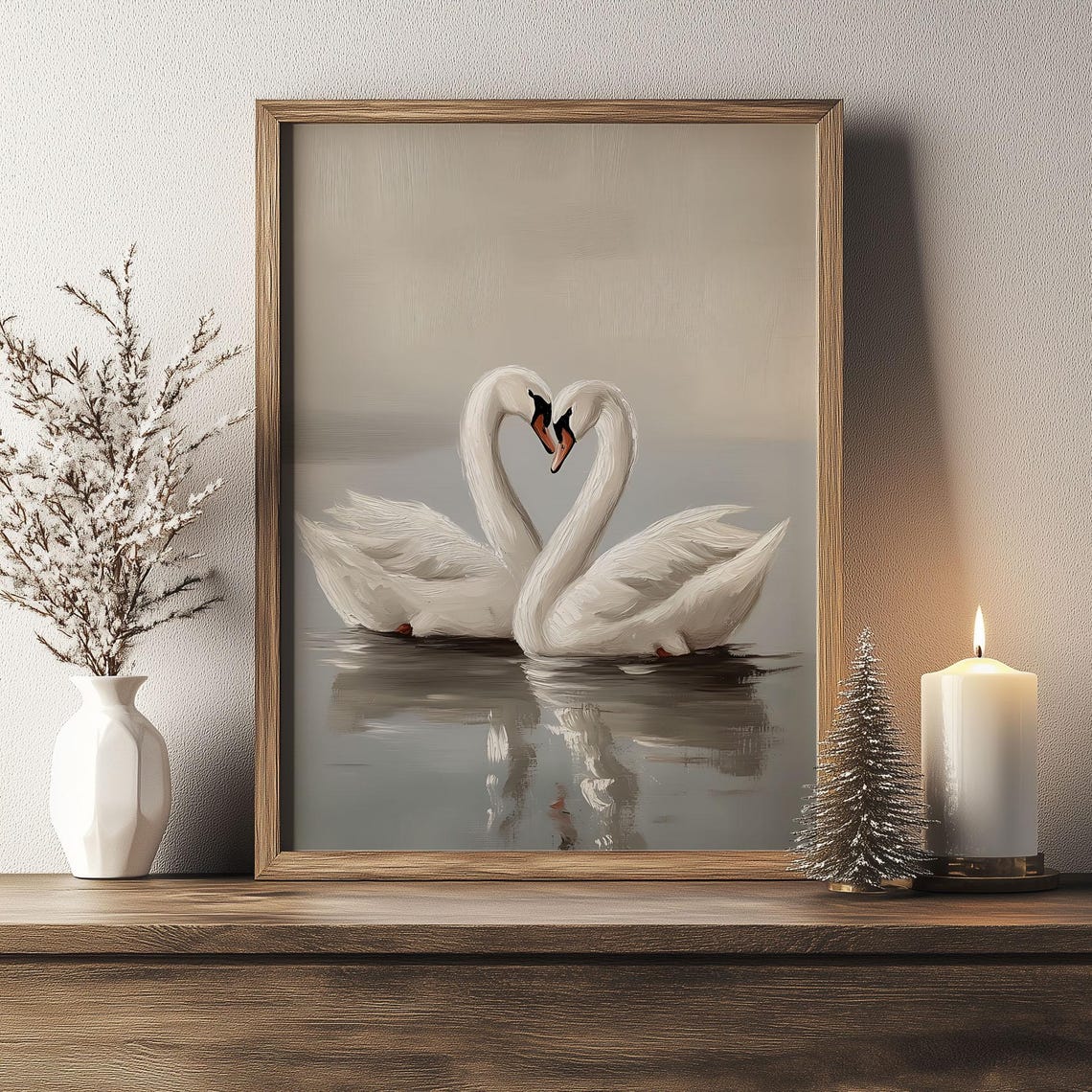 Two White Swans Forming Heart Shape Romantic Lake Painting Poster - Image 2