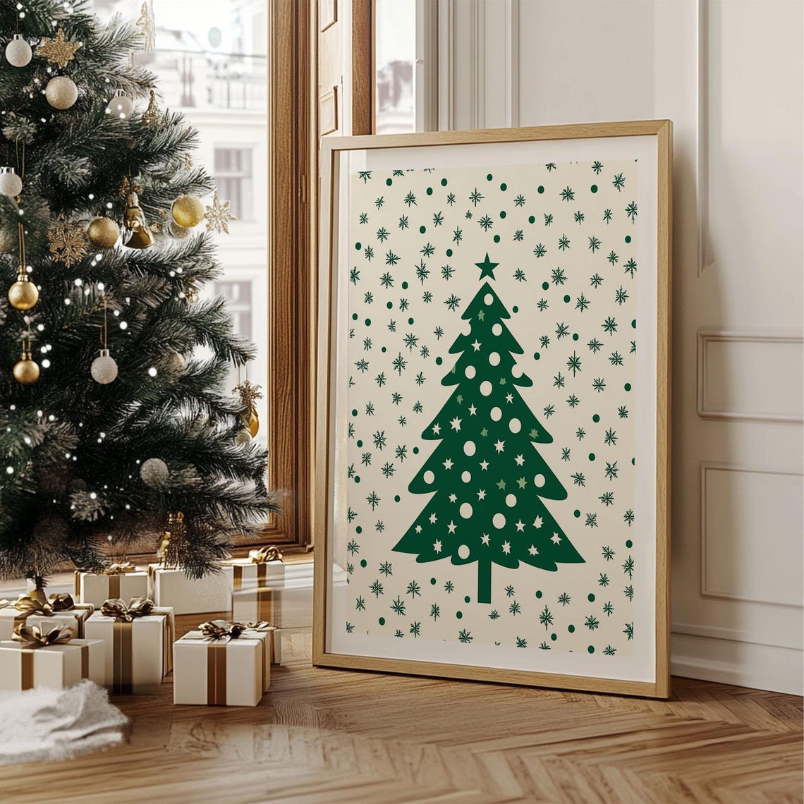 Modern Minimalist Green Christmas Tree Starry Holiday Wall Art - Image 5
