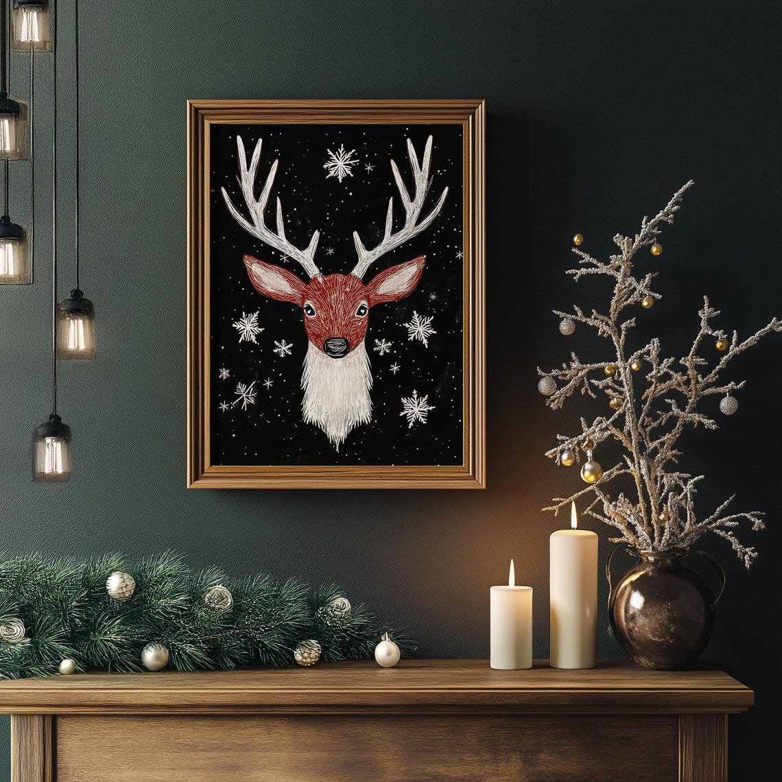 Red Deer Head Chalkboard Art with Snowflakes Black Christmas Poster - Image 4
