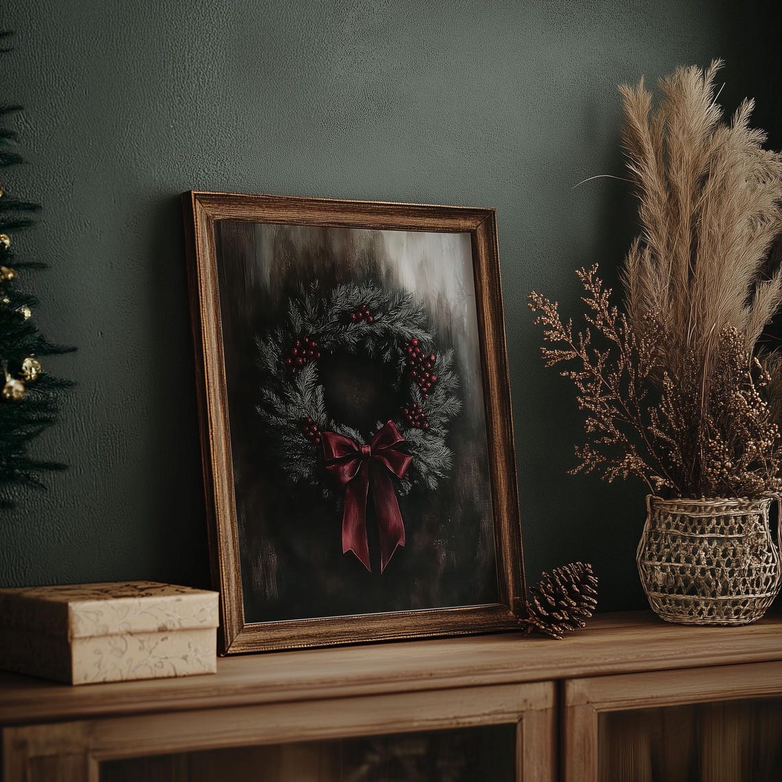 Frosted Pine Wreath with Red Berries and Burgundy Bow Christmas Poster - Image 7