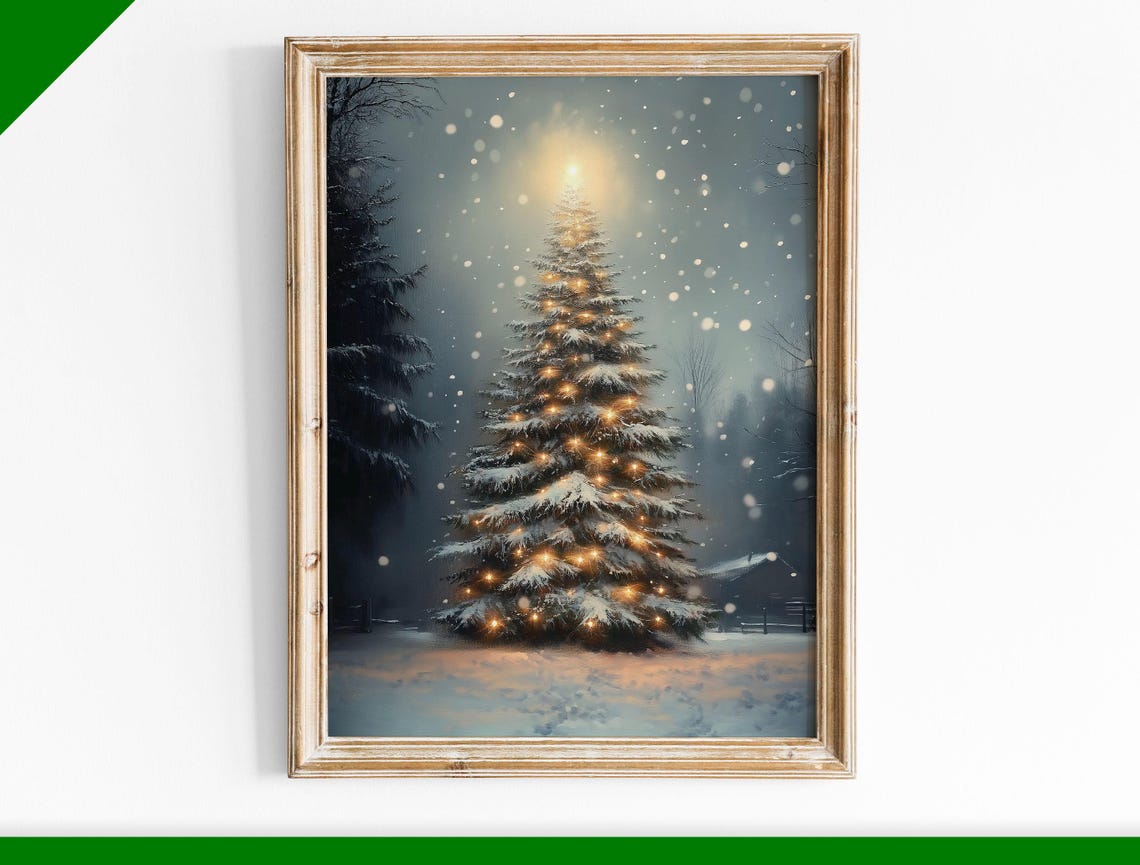 Lit Christmas Tree in Snowy Night with Glowing Lights Holiday Poster