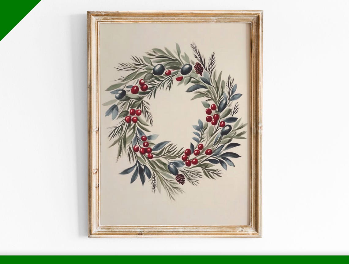 Watercolor Christmas Wreath Berry Pine Rustic Holiday Art Print