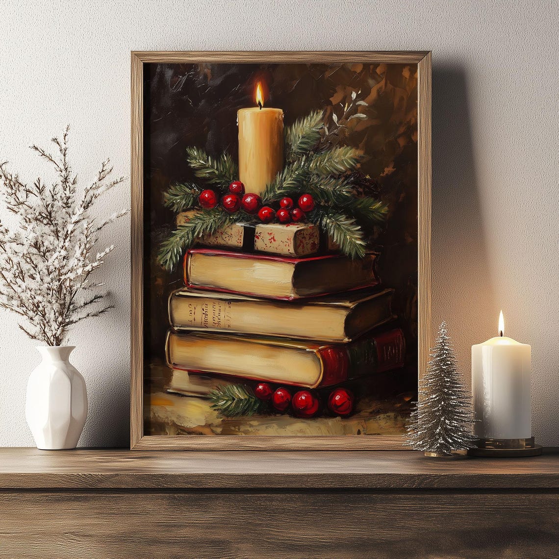 Stack of Vintage Books with Candle and Berries Cozy Christmas Poster - Image 6