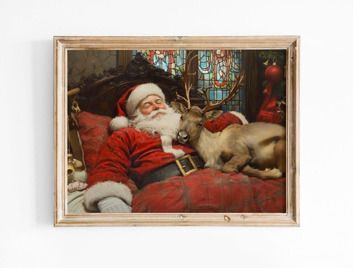 Sleeping Santa with Reindeer Stained Glass Cozy Christmas Poster - Image 2