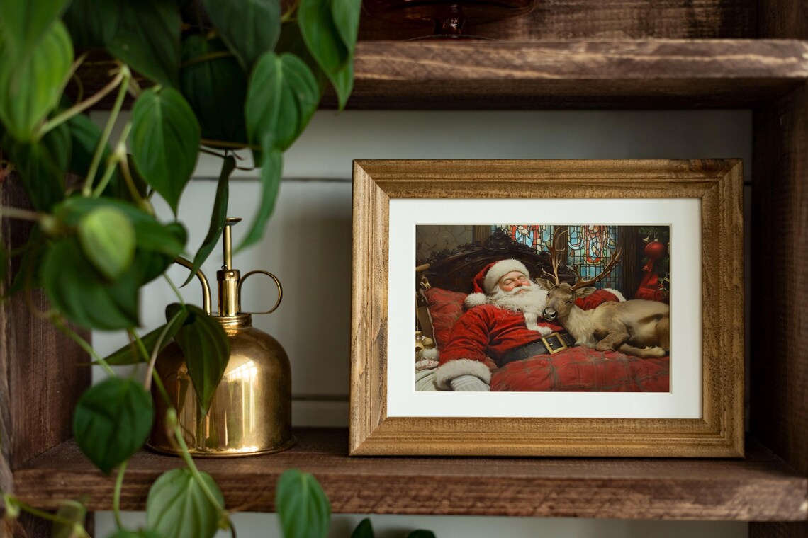 Sleeping Santa with Reindeer Stained Glass Cozy Christmas Poster - Image 3