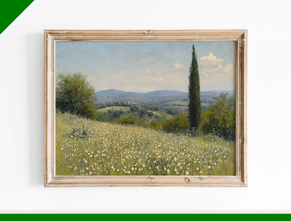 Tall Cypress Tree Wildflower Meadow Valley View Landscape Poster