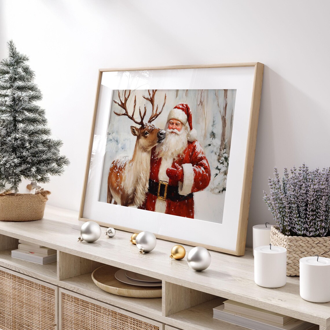 Santa Claus with Reindeer Nuzzling in Snowy Woods Christmas Poster - Image 5