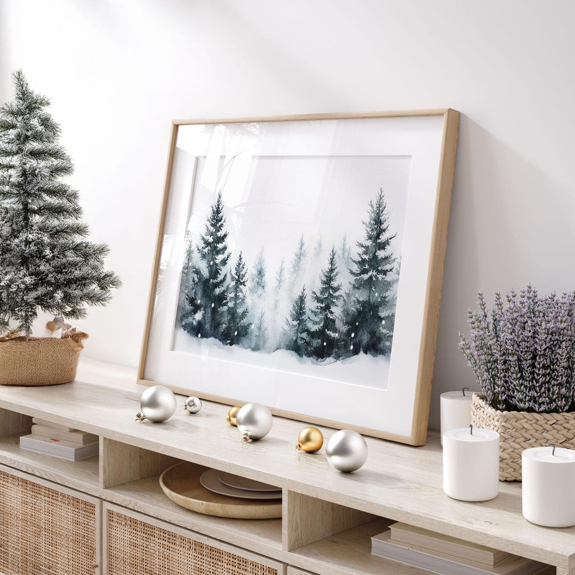 Misty Snowy Pine Trees Winter Watercolor Forest Landscape Poster - Image 3