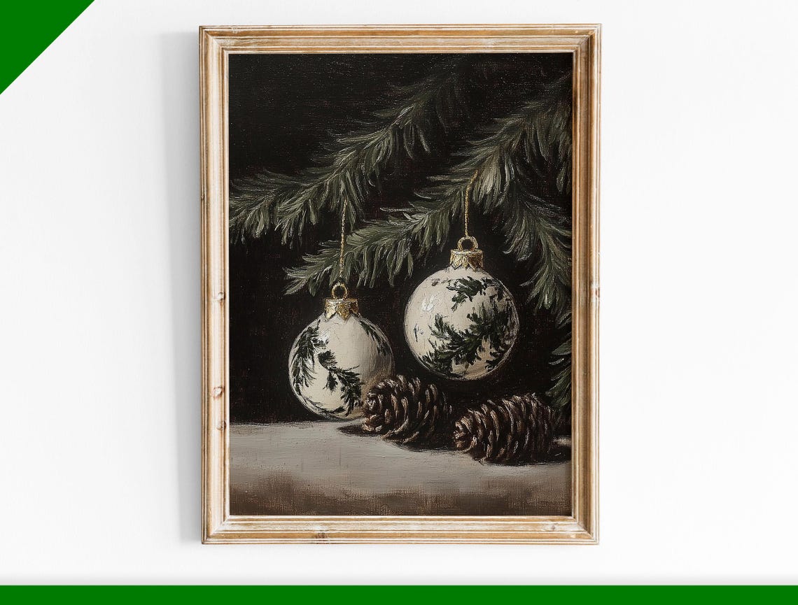 White Botanical Christmas Ornaments and Pine Cones Moody Poster