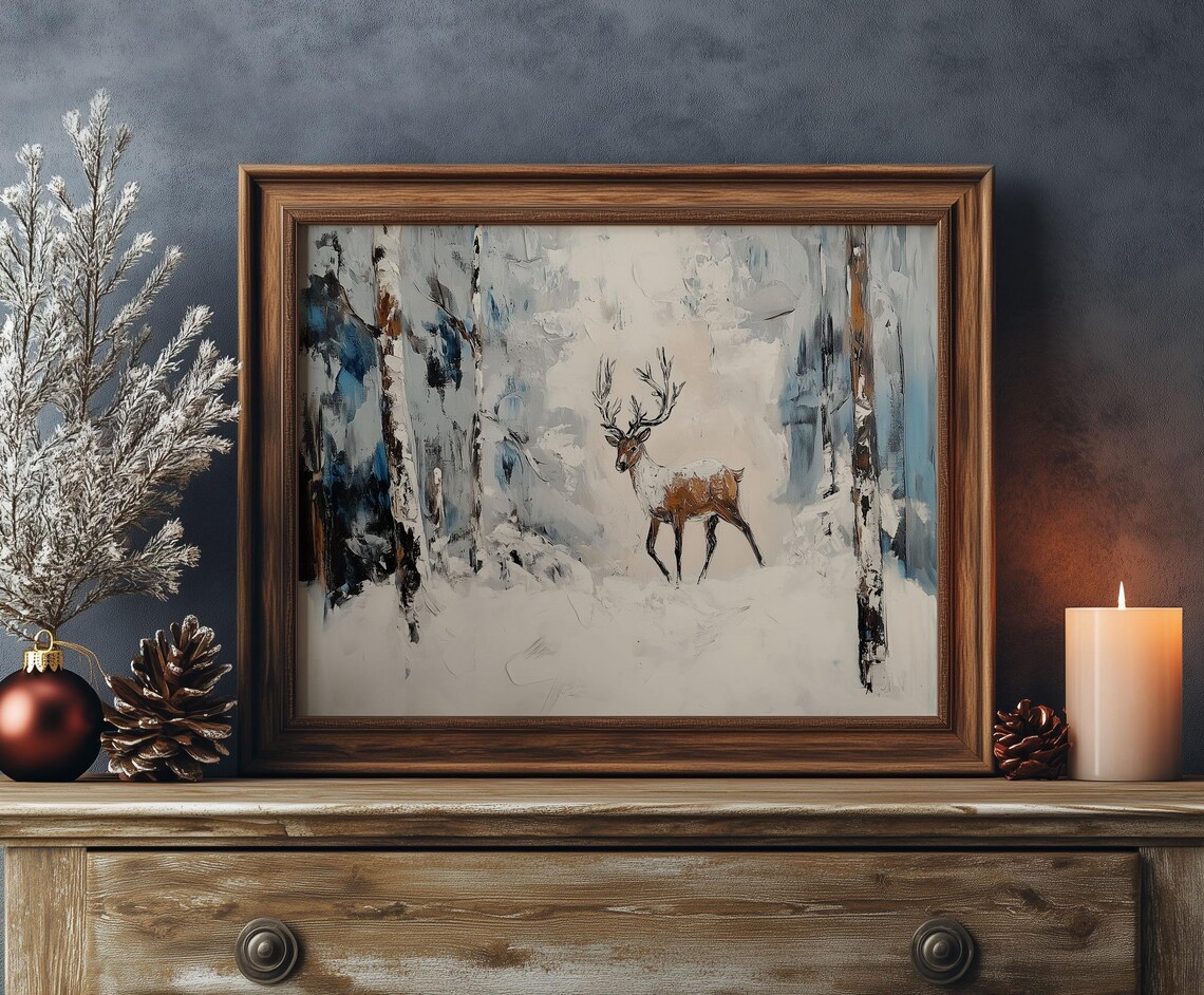 Reindeer Stag in Blue Snowy Forest Loose Winter Oil Painting Poster - Image 3