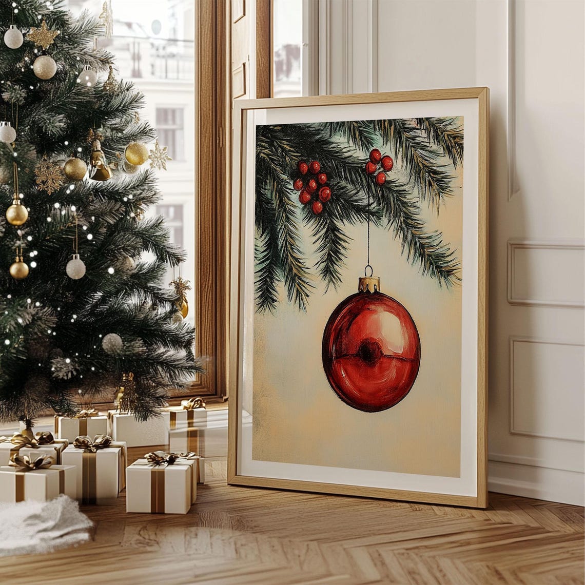 Glossy Red Christmas Bauble Hanging From Pine Branch Vintage Poster - Image 2