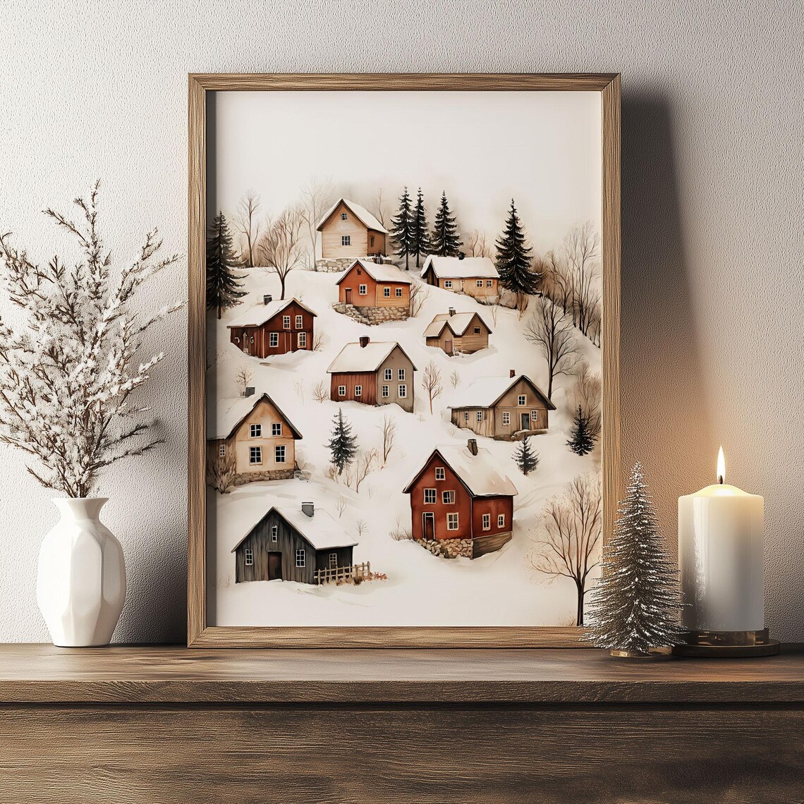 Snowy Nordic Village Hillside Cabins Watercolor Christmas Poster - Image 4