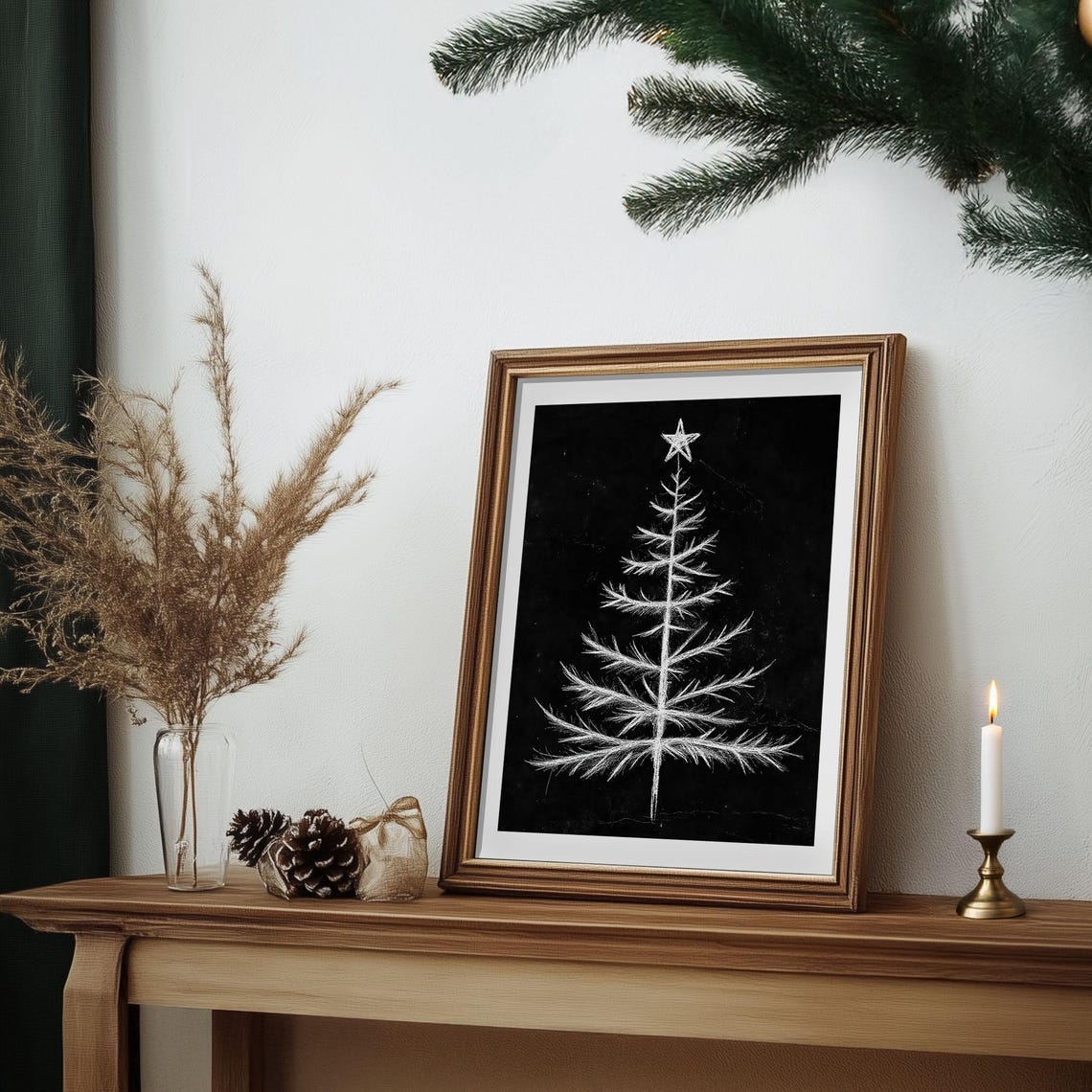 White Chalk Christmas Tree Drawing on Black Chalkboard Wall Art - Image 7