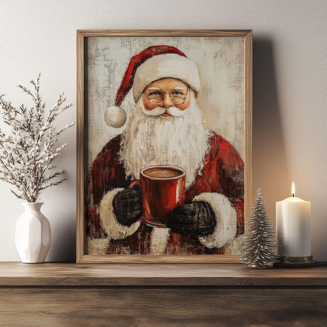 Santa Claus Holding Red Cocoa Mug Glasses Rustic Portrait Poster - Image 5