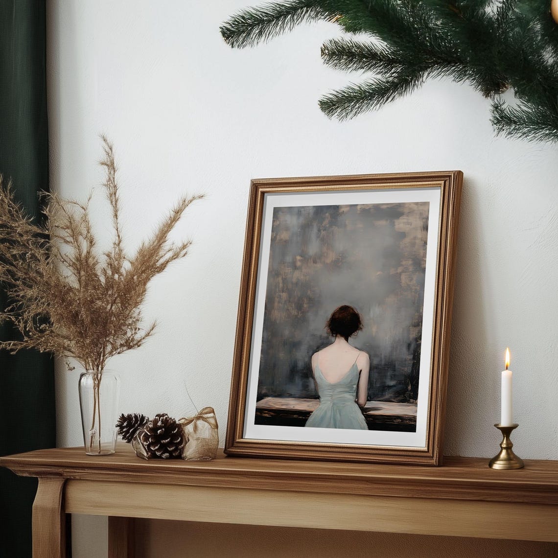 Woman in Blue Dress from Behind Moody Vintage Interior Wall Art - Image 7