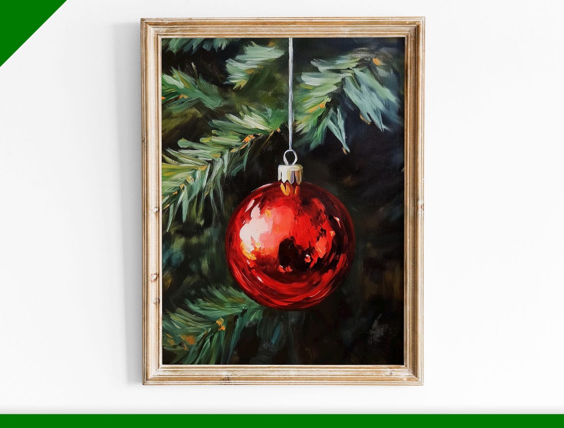 Single Red Bauble on Pine Branch Close Up Christmas Ornament Poster