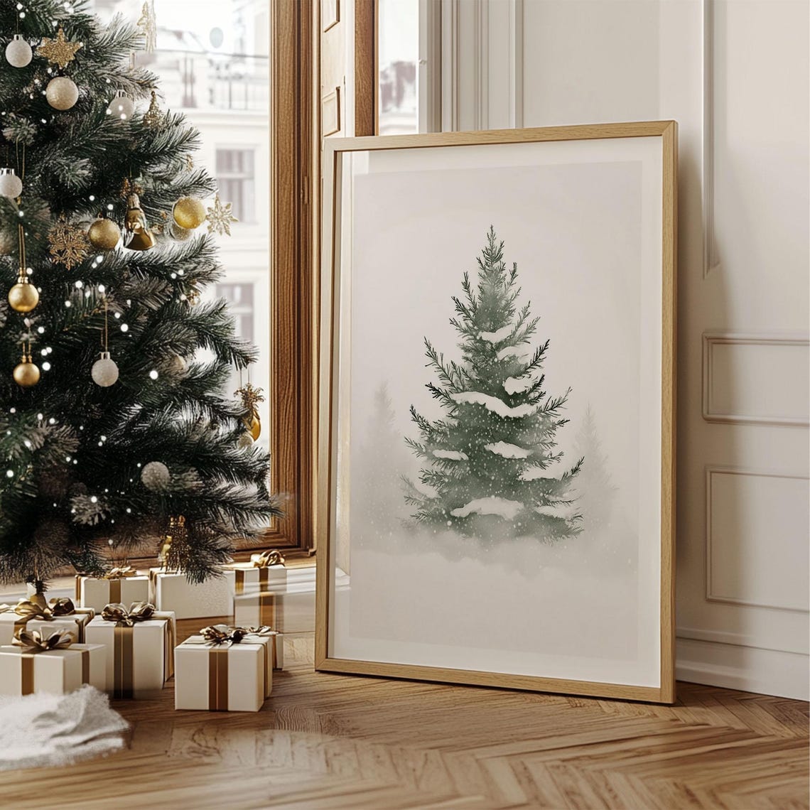 Minimalist Snowy Evergreen Tree Winter Watercolor Holiday Poster - Image 2