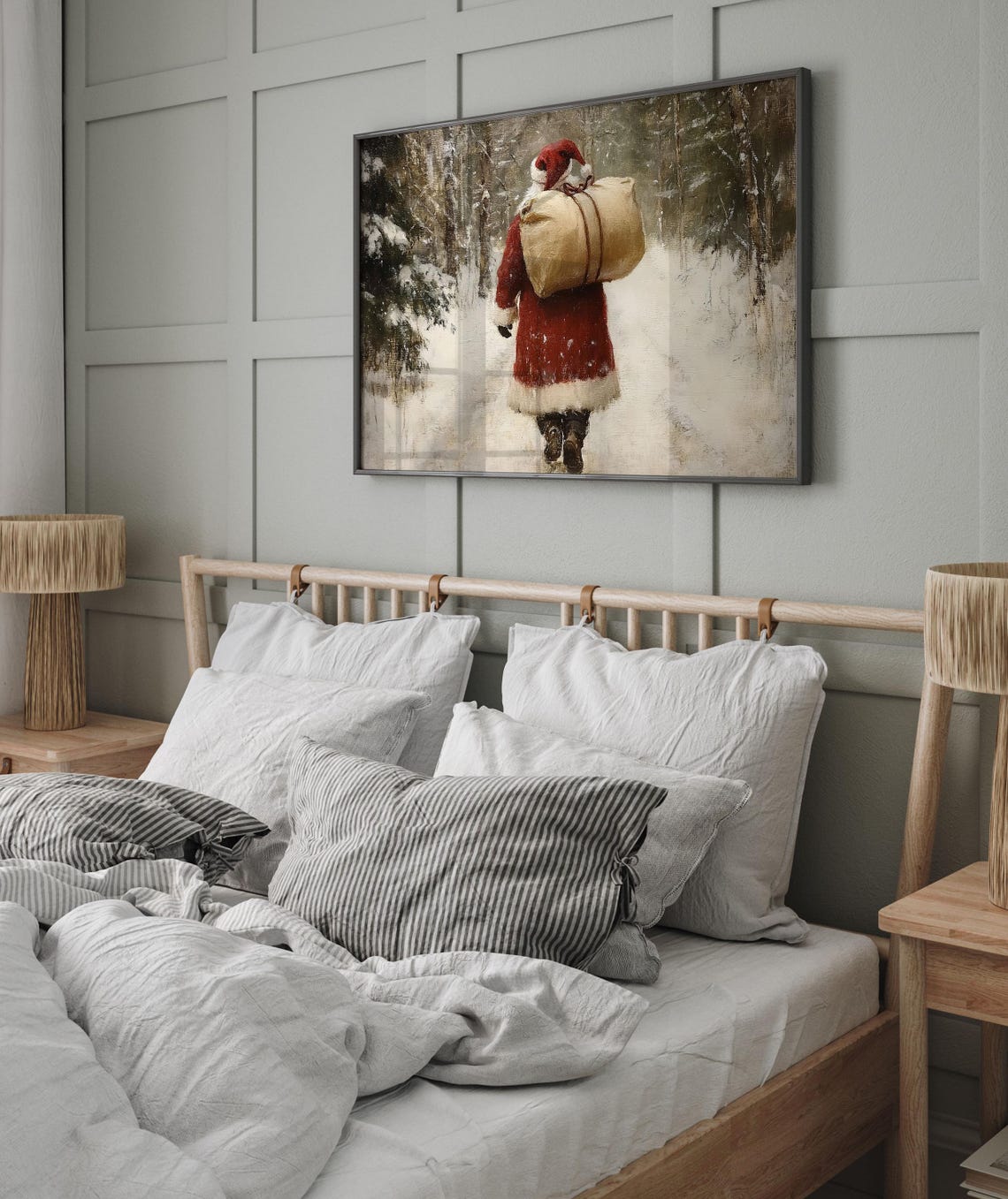 Santa Claus Carrying Gift Sack Through Snowy Forest Vintage Poster - Image 2