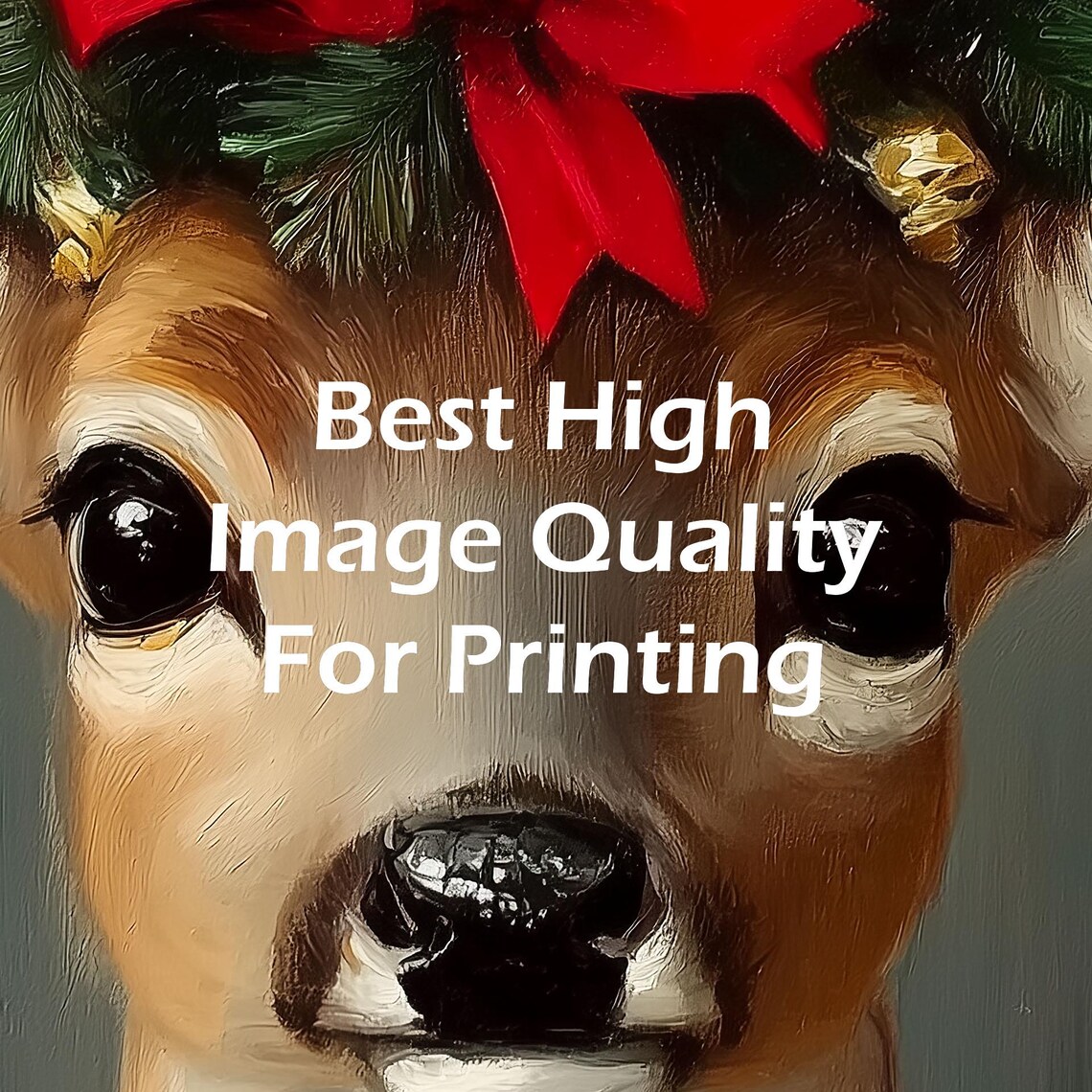 Young Deer Portrait with Christmas Bow Antlers Oil Painting Poster - Image 5