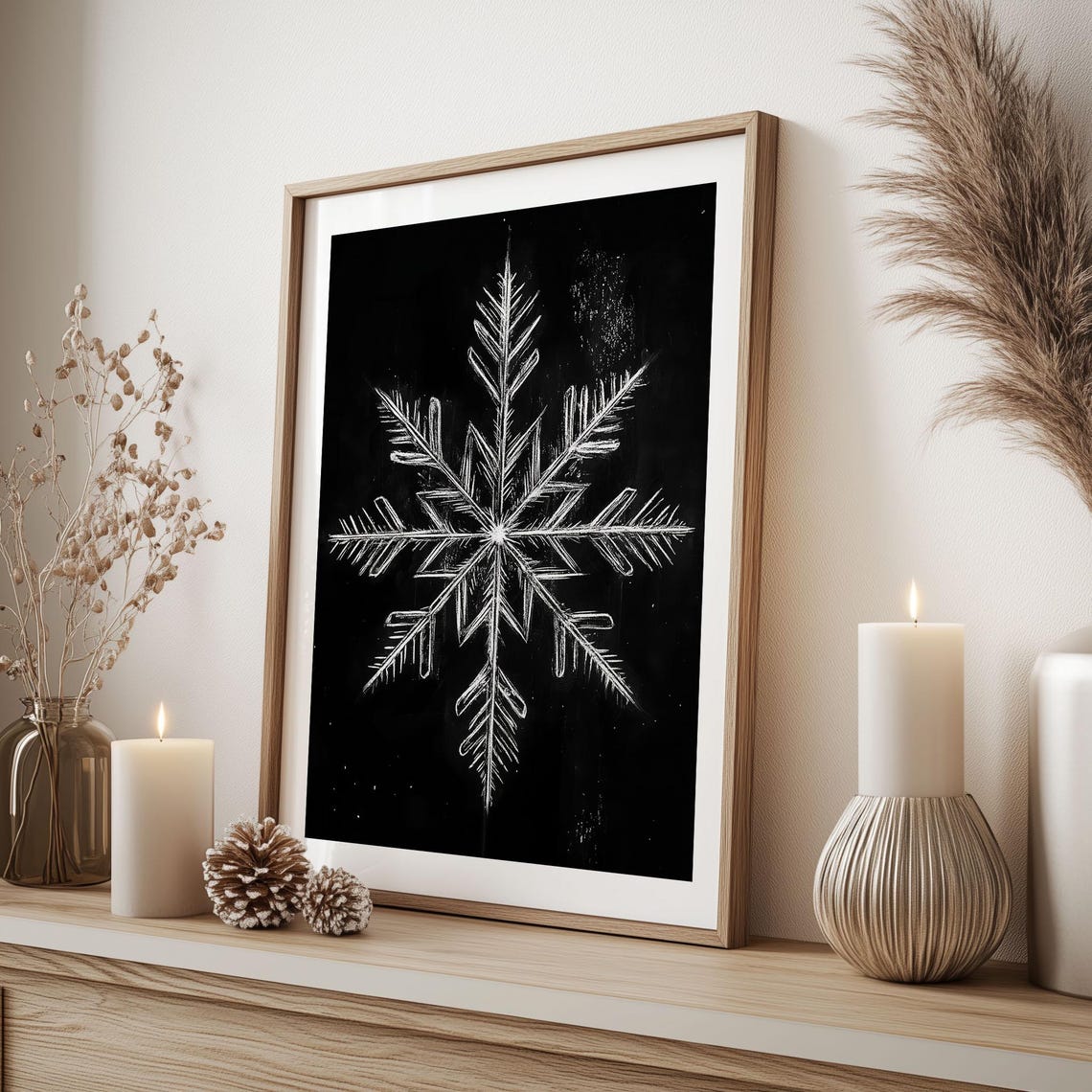 White Snowflake Chalk Drawing on Black Background Winter Poster - Image 2