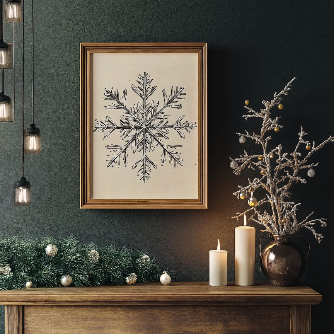 Delicate Pencil Snowflake Sketch Vintage Botanical Winter Wall Art - Image 4