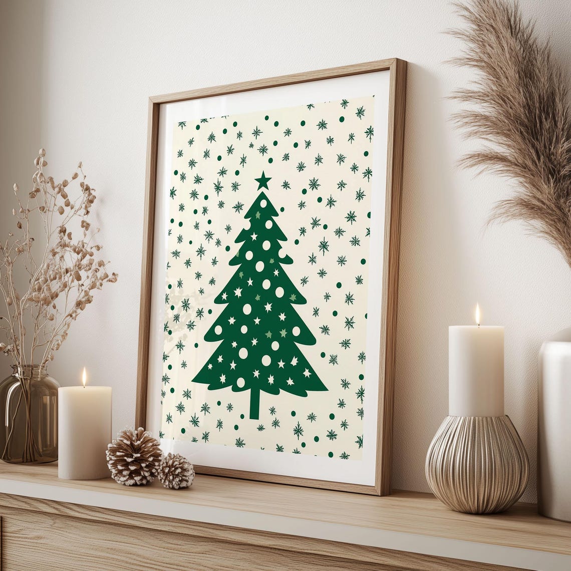 Modern Minimalist Green Christmas Tree Starry Holiday Wall Art - Image 2