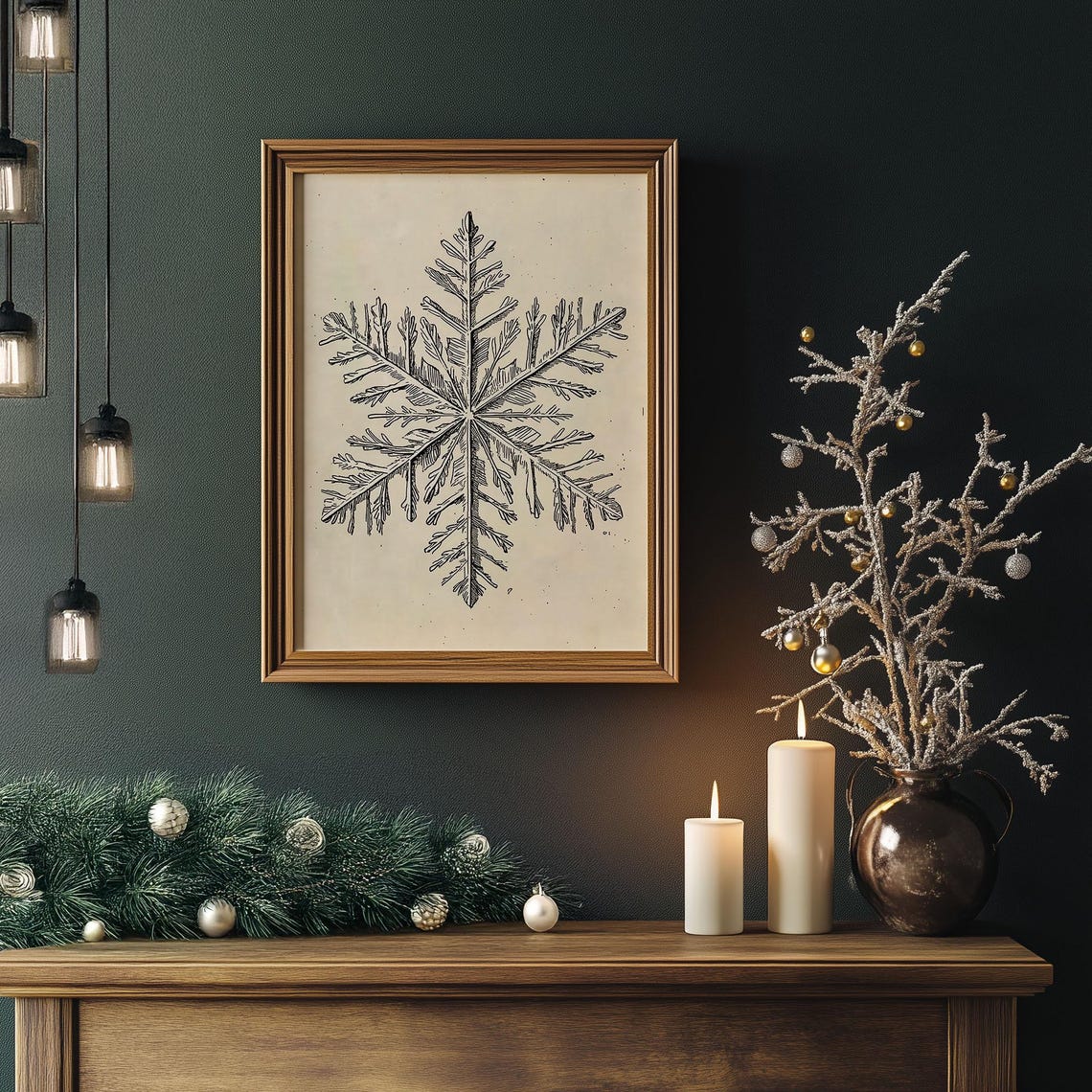 Vintage Botanical Snowflake Pencil Sketch Cream Background Poster - Image 5