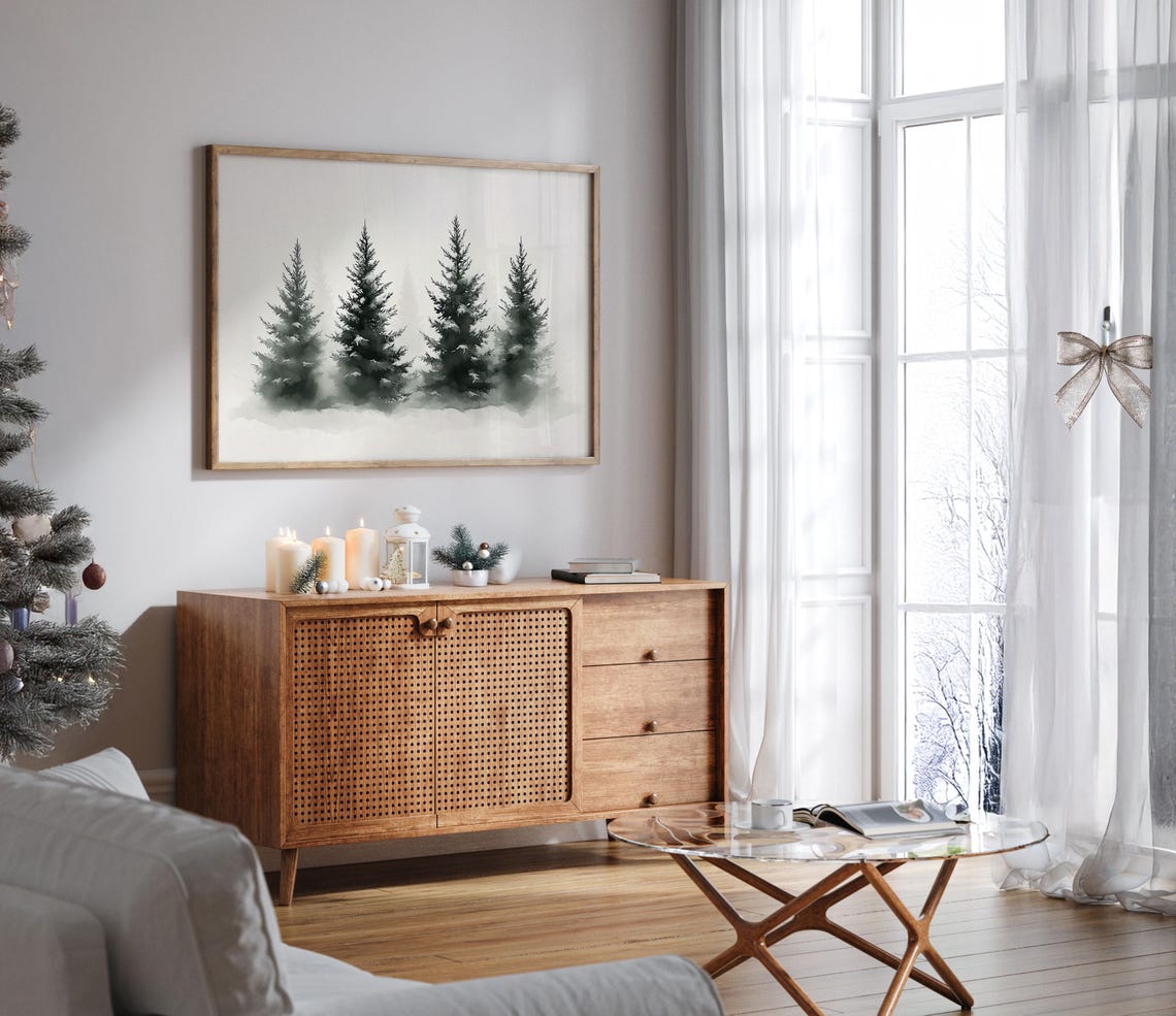 Five Misty Pine Trees Minimalist Foggy Winter Watercolor Poster - Image 7