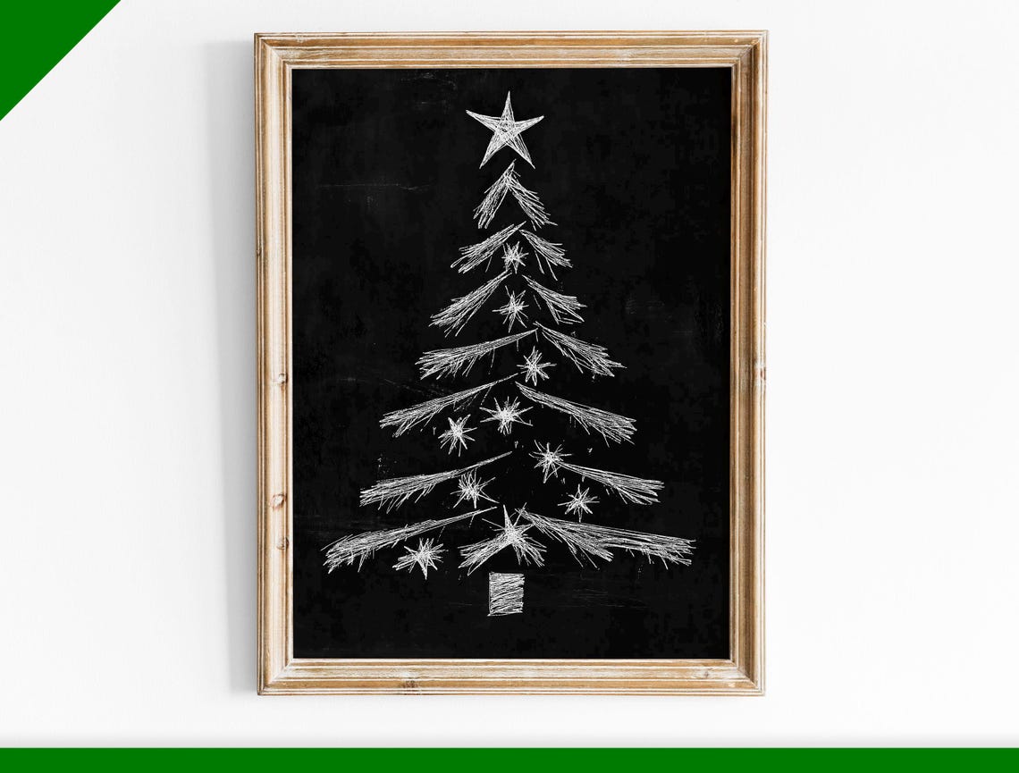 White Chalk Christmas Tree with Star on Black Chalkboard Poster