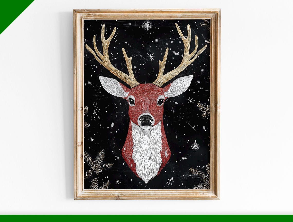 Red Reindeer with White Antlers Chalk Style on Black Christmas Poster
