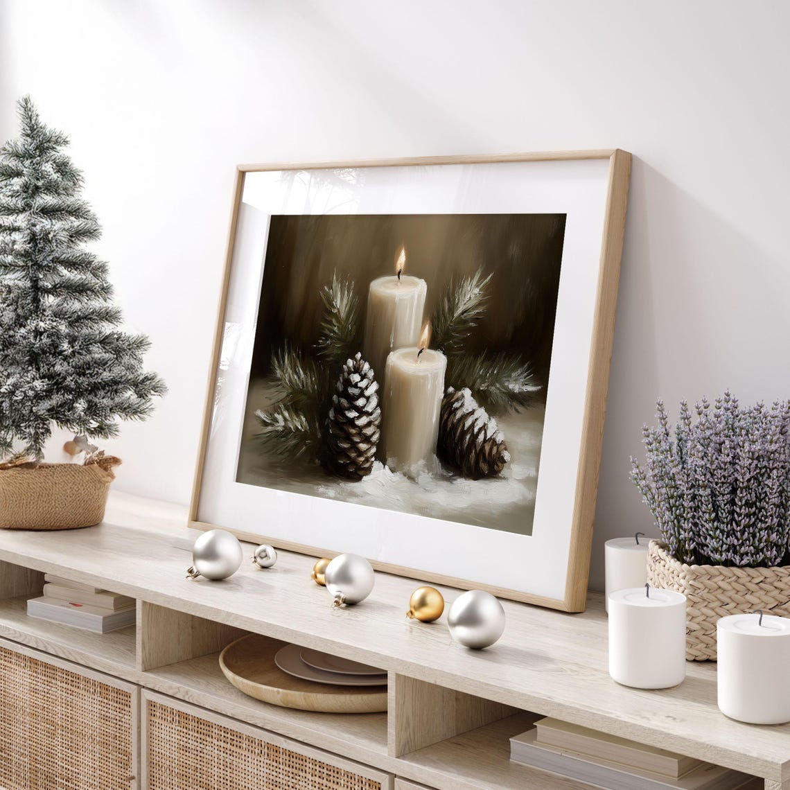 Two Lit Candles With Frosted Pinecones Christmas Still Life Poster - Image 6