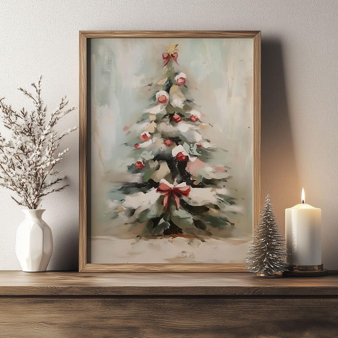 Snowy Christmas Tree with Red Ornaments Loose Oil Painting Poster - Image 6