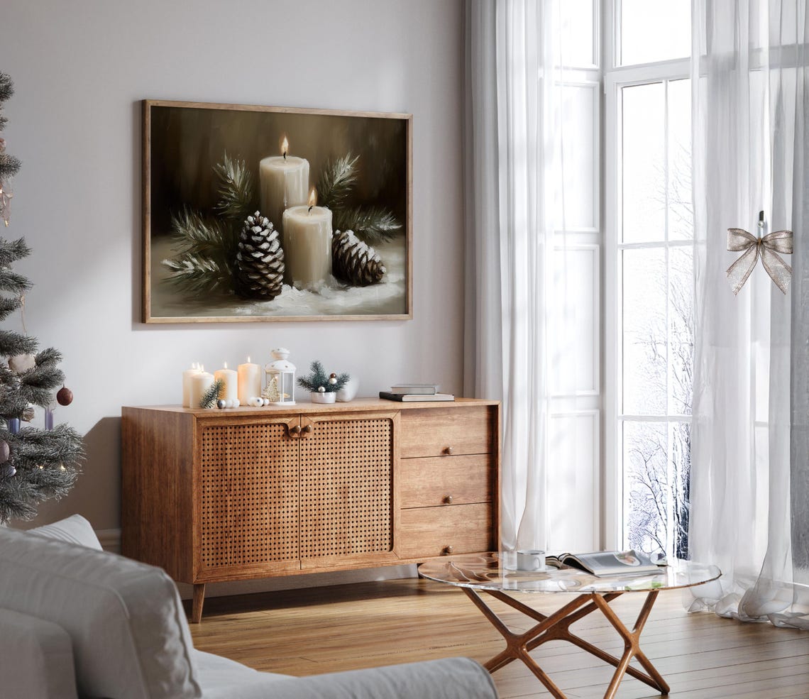 Two Lit Candles With Frosted Pinecones Christmas Still Life Poster - Image 5