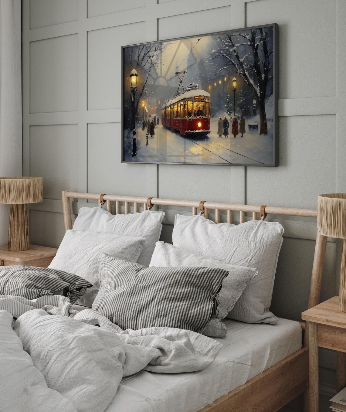 Red Tram in Snowy City Street at Night Vintage Winter Travel Poster - Image 3