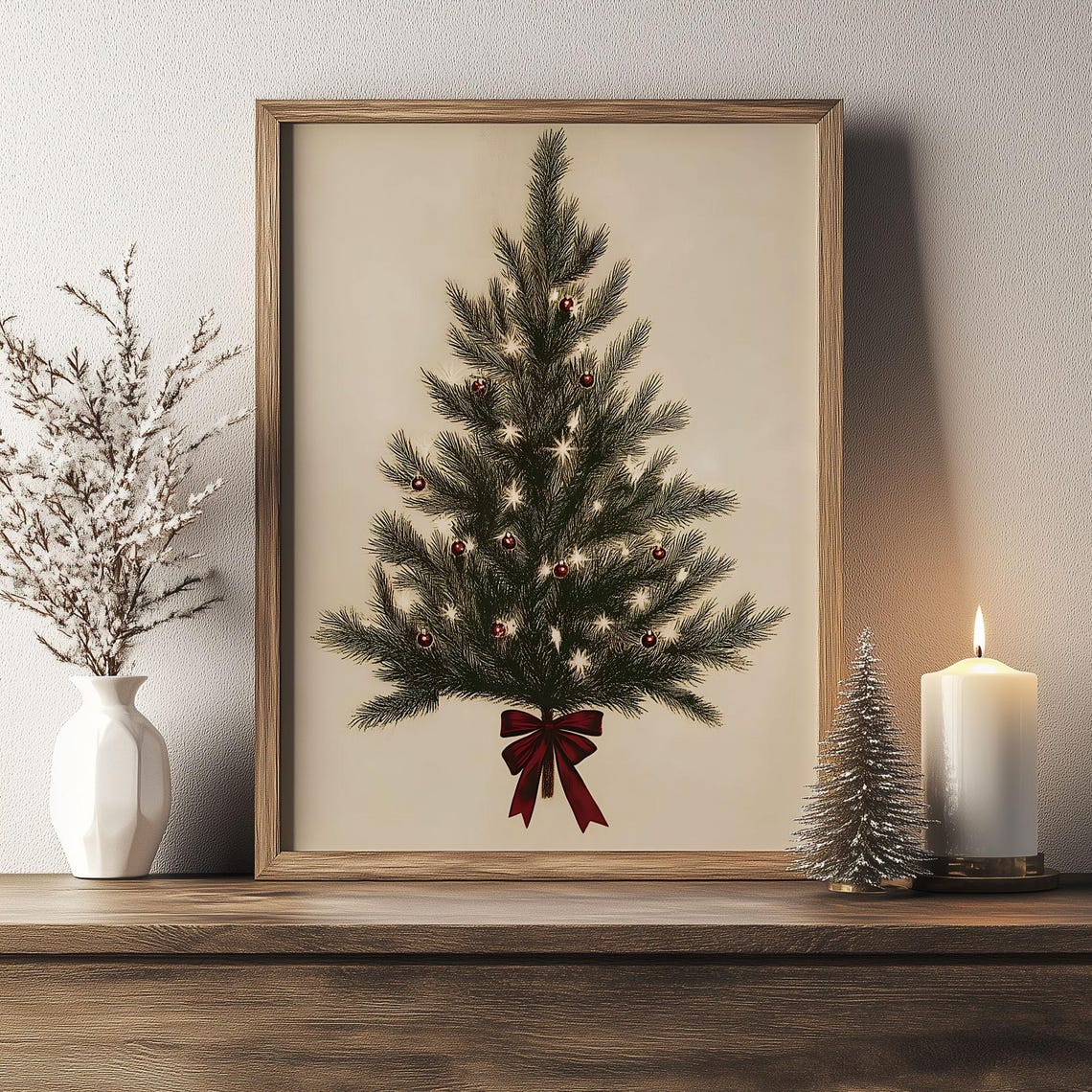 Sparse Minimalist Christmas Tree with Lights and Red Bow Poster - Image 4