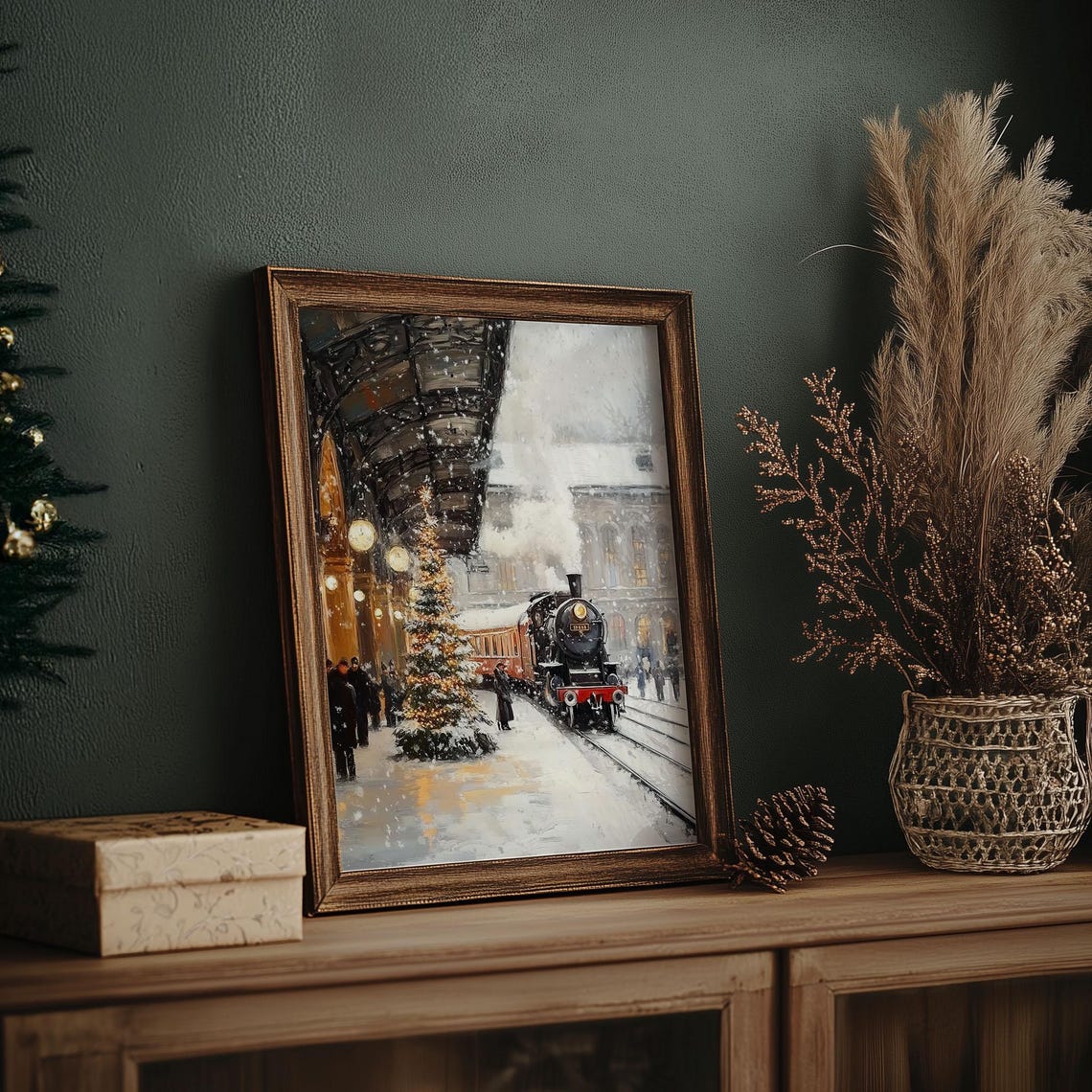 Vintage Steam Train at Snowy Christmas Station Oil Painting Poster - Image 6