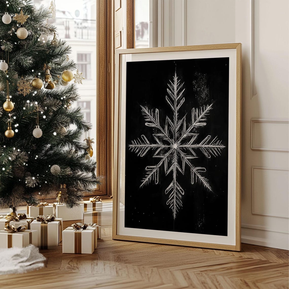 White Snowflake Chalk Drawing on Black Background Winter Poster - Image 5