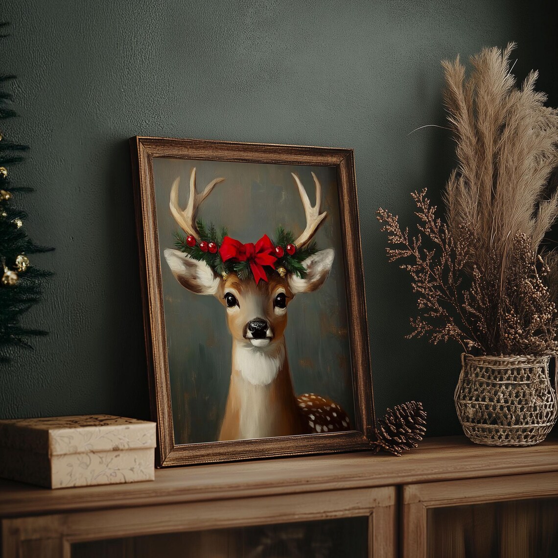 Young Deer Portrait with Christmas Bow Antlers Oil Painting Poster - Image 7
