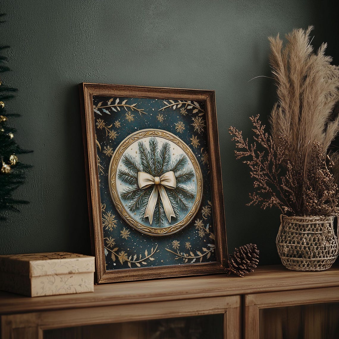 Frosted Pine Wreath Ivory Bow Vintage Holiday Medallion Poster - Image 6