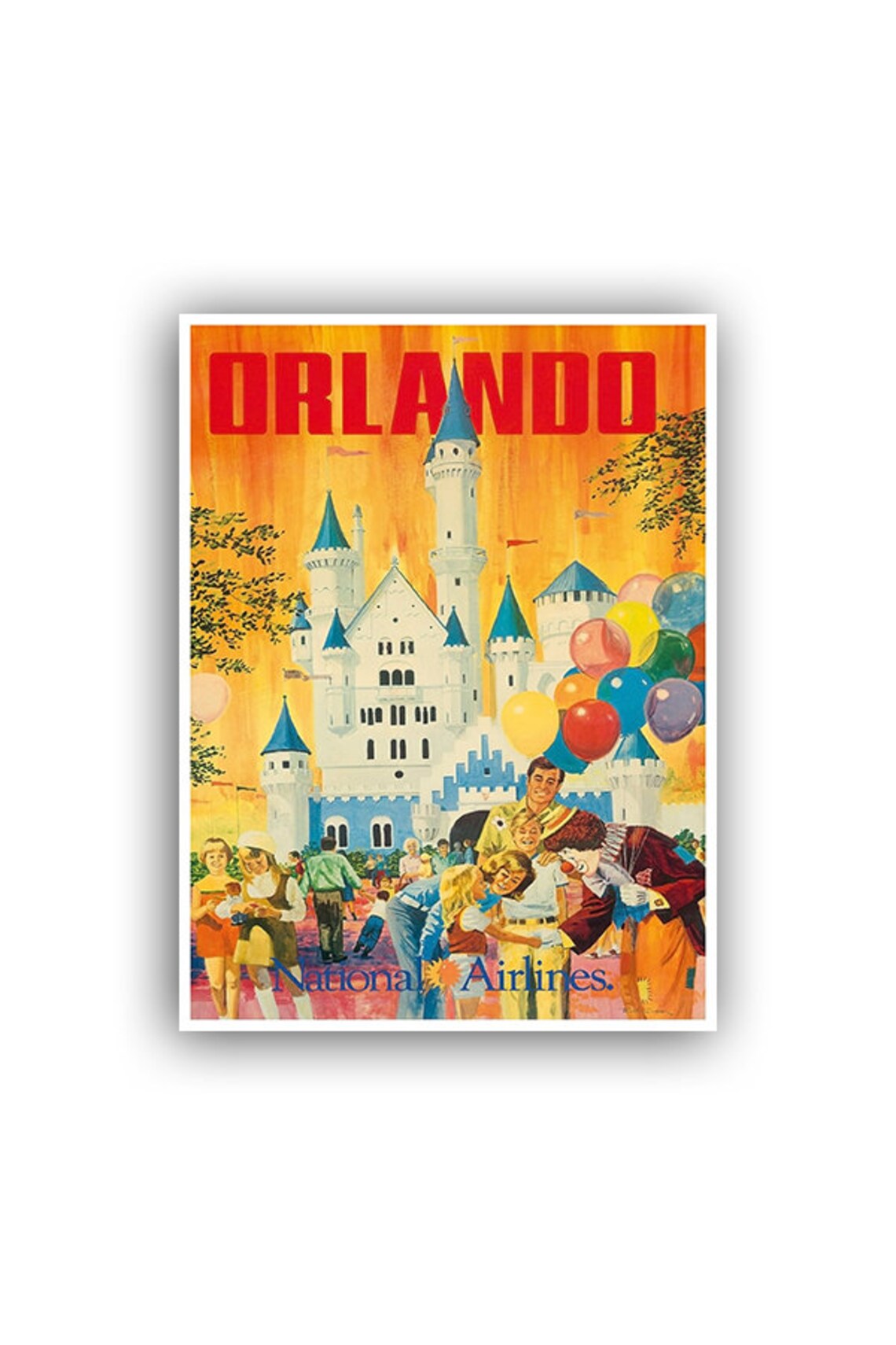 Orlando National Airlines Vintage Fairy Castle Clown Parade Poster