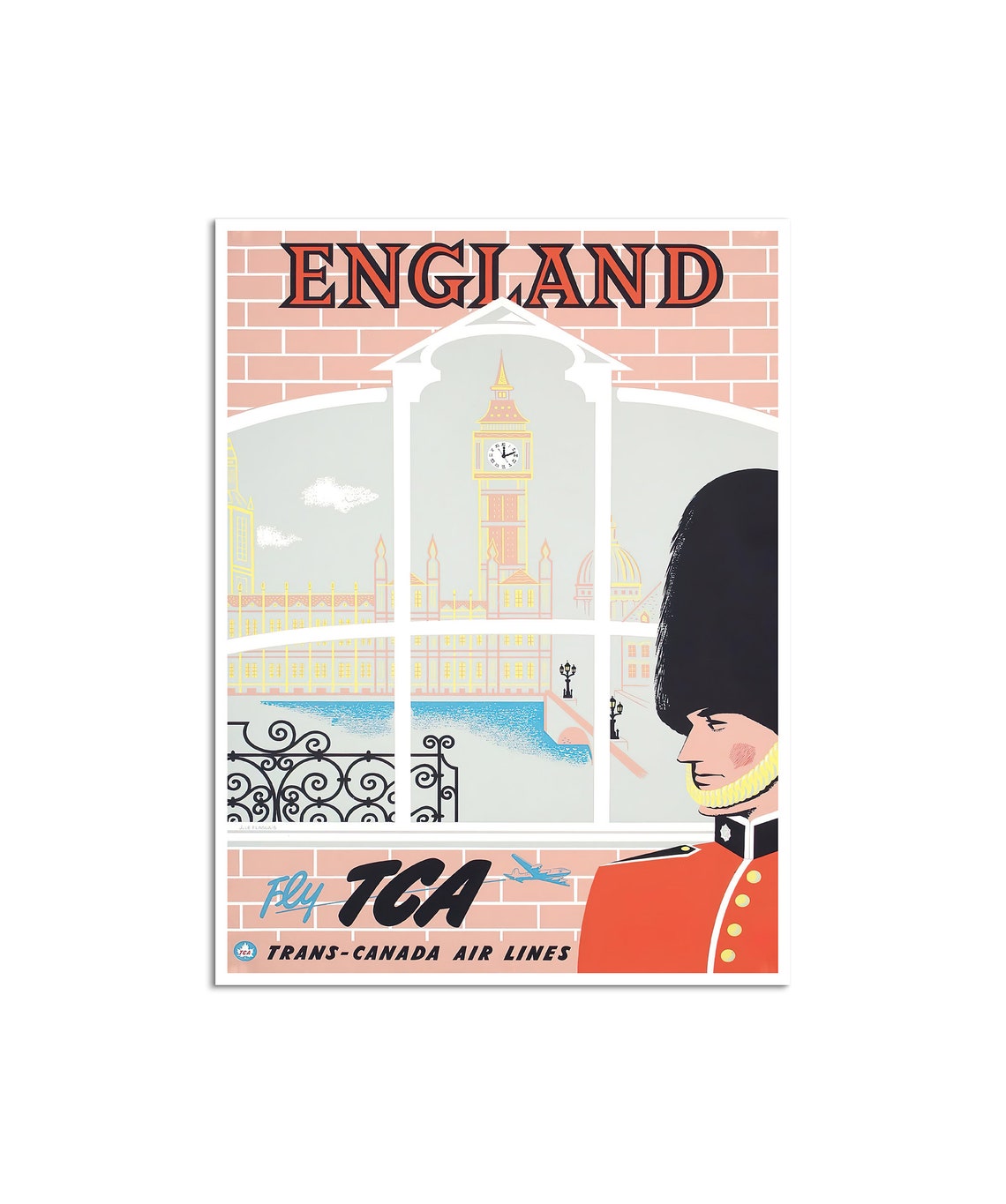 England Fly TCA Vintage Big Ben Guardsman Window Travel Poster