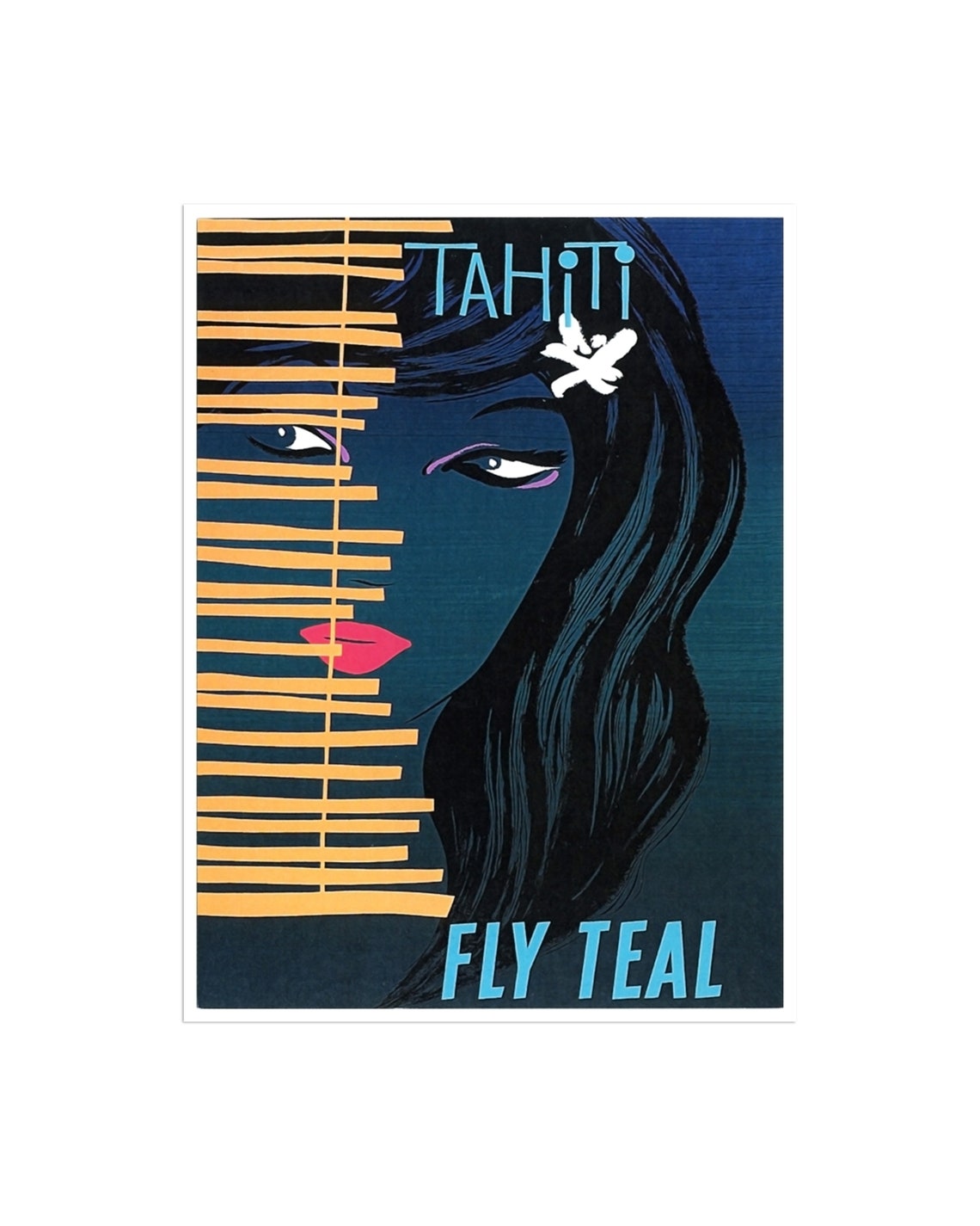 Tahiti Fly TEAL Stylized Woman Face Tiare Flower Bamboo Art Poster