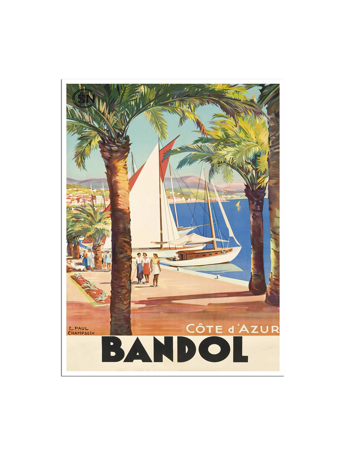 Bandol French Riviera Palm Sailboats Cote dAzur Travel Poster