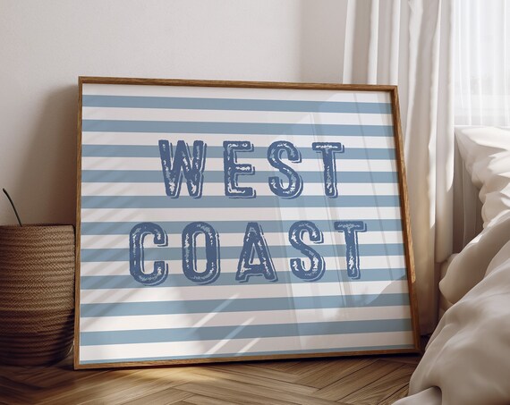 West Coast Blue Stripe Coastal Typography Decor Beach Poster