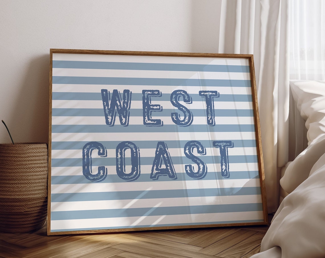 West Coast Blue Stripe Coastal Typography Decor Beach Poster