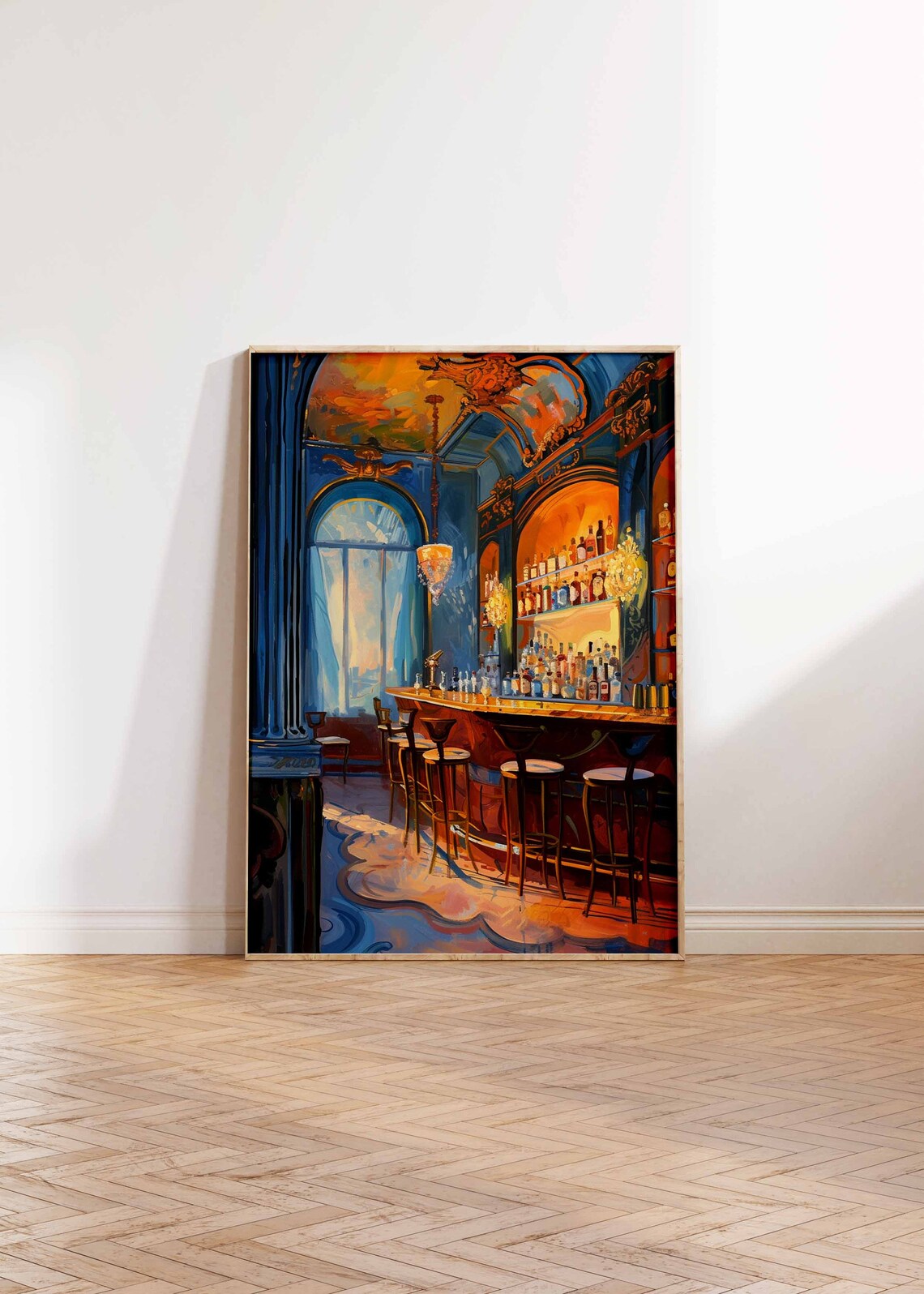 Retro Cocktail Bar Interior Blue Amber Oil Painting Art Poster - Image 2