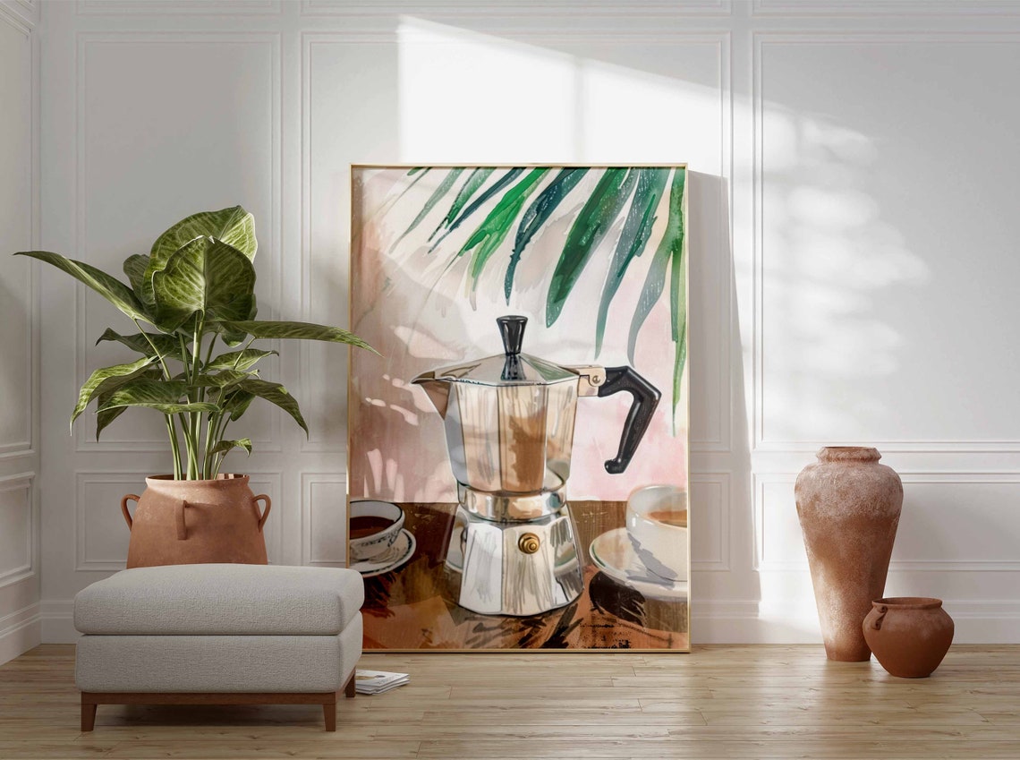 Italian Moka Pot Coffee Poster Soft Pink Watercolor Kitchen Wall Decor - Image 3