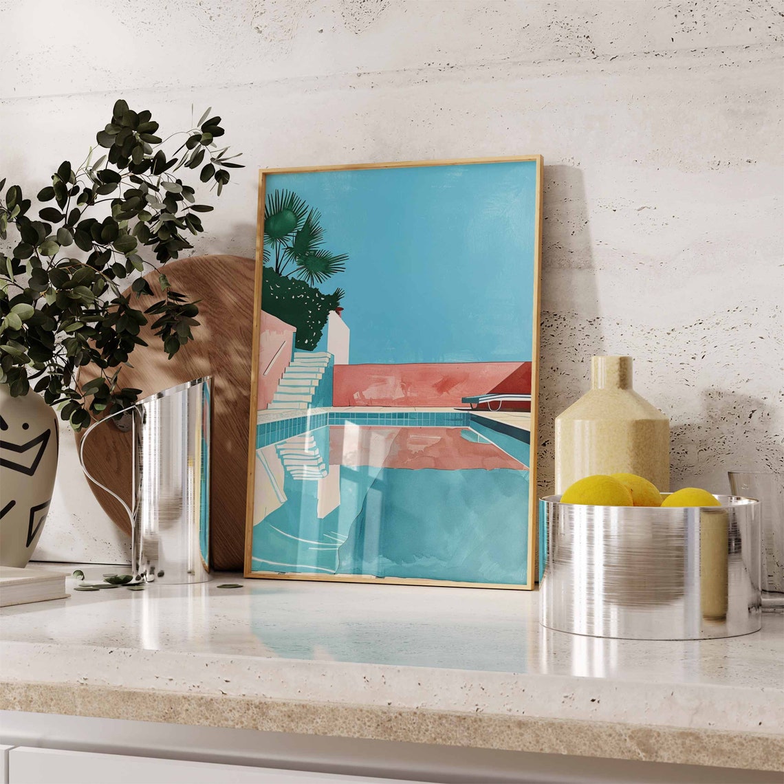 Turquoise Swimming Pool With Pink Walls Palm Trees Mid Century Poster - Image 3