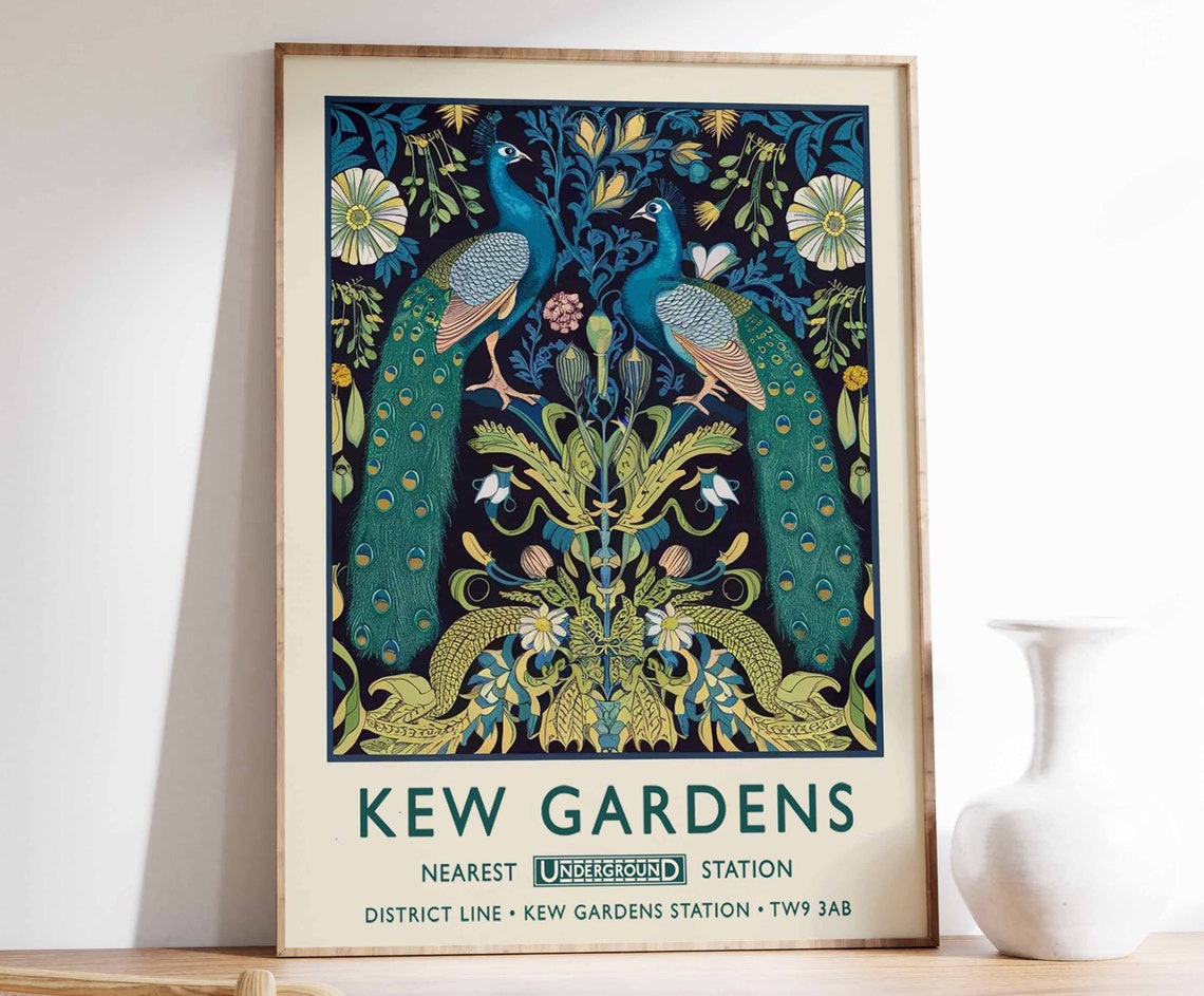 Kew Gardens Peacock Pair Midnight Floral Botanical Travel Poster